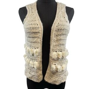 Boho Crochet Womens Vest Size Small Hippie Festival Fringe Embellished Faux Fur